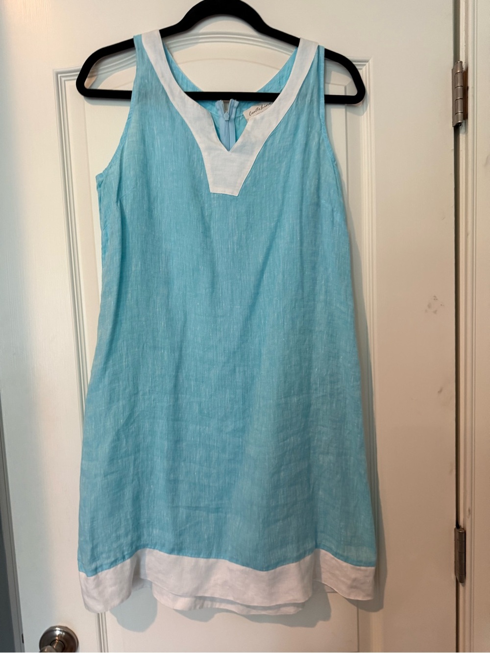 Light Blue Sleeveless Linen-Blend Shift Dress with White Trim